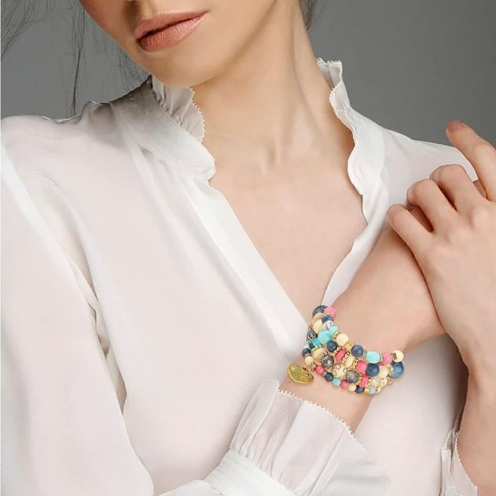 Stackable Bead Bracelets Ladies Stretch Multilayer Bracelet Set - Multicolor - Picture 2 of 12